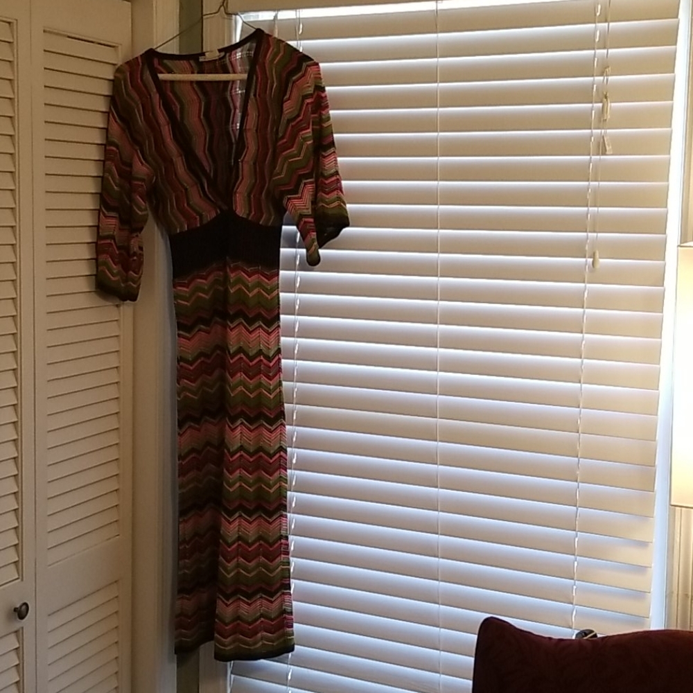 Large. Pink, brown and green bodycon dress.